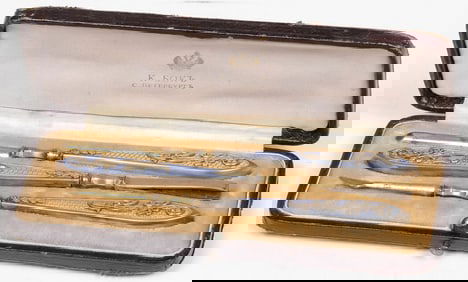 RUSSIAN SILVER & ENAMELED CASED MANICURE SET