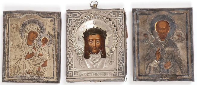 THREE RUSSIAN SILVER ICONS, C 1875