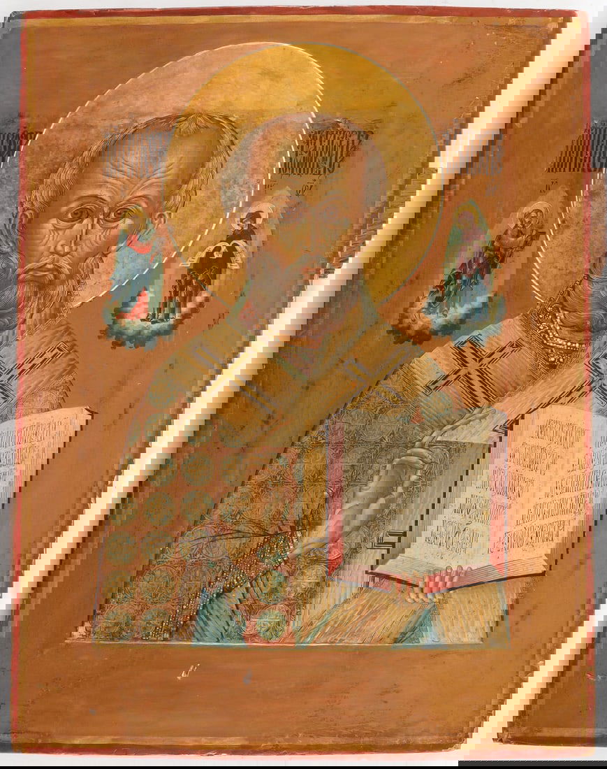 RUSSIAN ICON OF SAINT NICHOLAS, PALEKH, 19TH C (1 of 2)