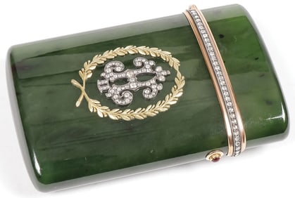 FABERGE STYLE NEPHRITE, GOLD & DIAMOND CASE