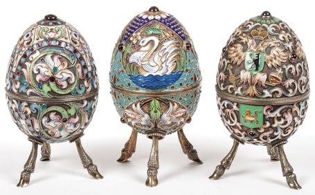 THREE RUSSIAN STYLE ENAMELED EGGS