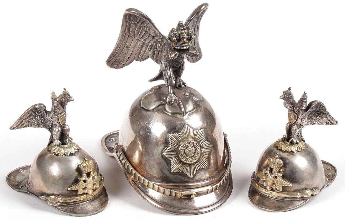 THREE RUSSIAN SILVER HELMET STIRRUP CUPS (1 of 6)