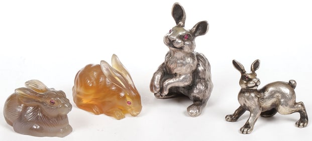 RUSSIAN CARVED HARDSTONE & SILVER ANIMALS