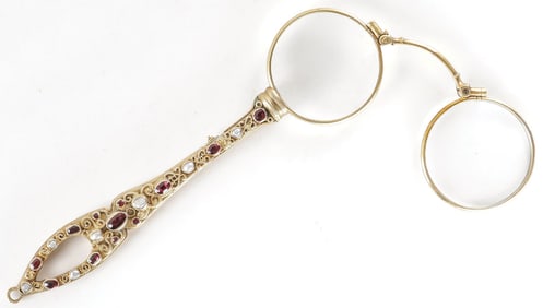 A SILVER GILT GEM SET LORGNETTE