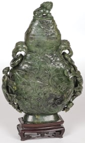 CHINESE CARVED SPINACH JADE LIDDED VASE, QING