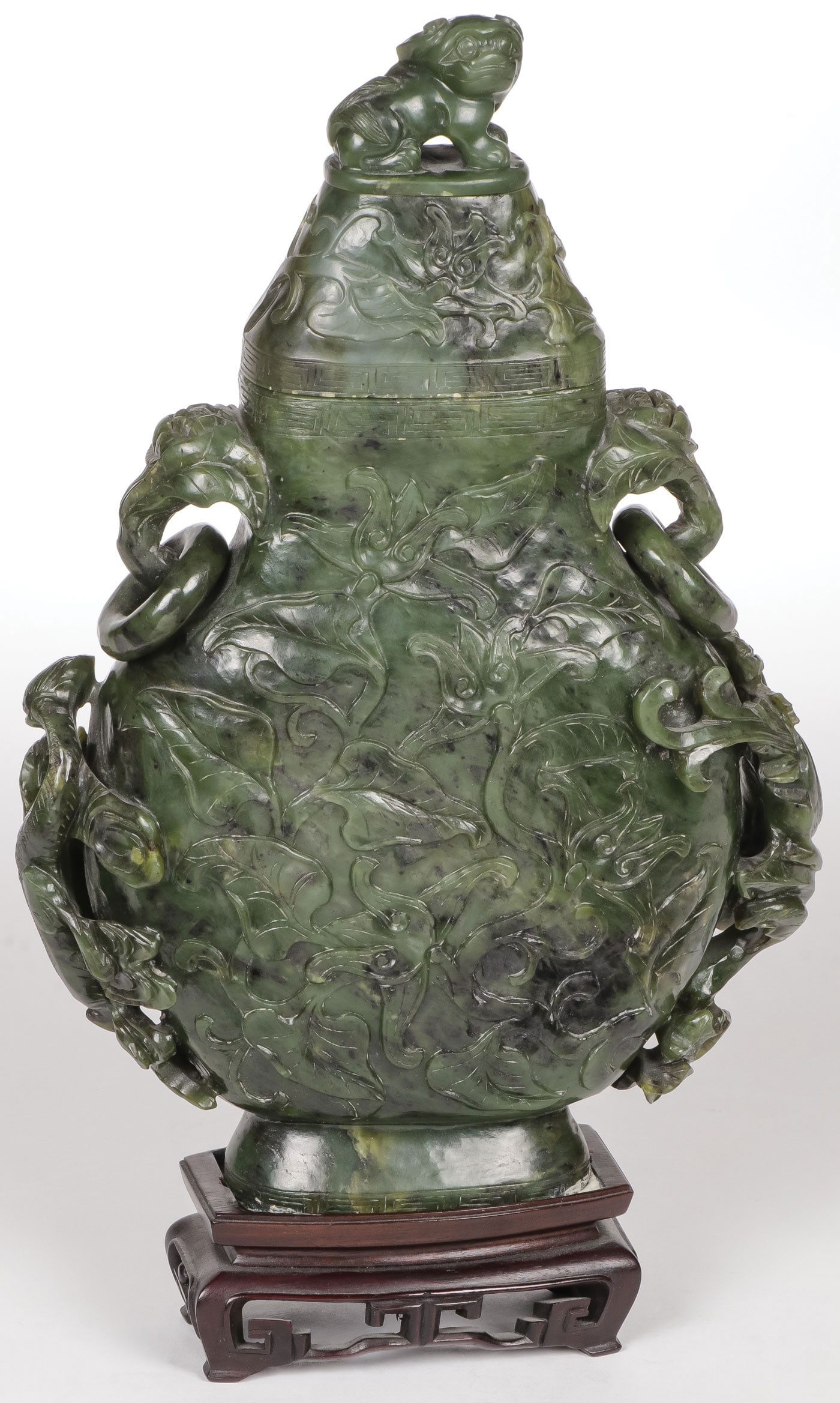 CHINESE CARVED SPINACH JADE LIDDED VASE, QING (1 of 8)