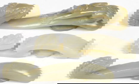 THREE CHINESE CARVED JADE BELT HOOKS, QING