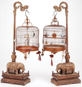 PAIR CHINESE CARVED WOOD BIRD CAGES