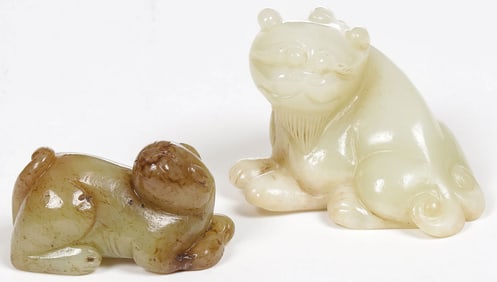 PAIR CHINESE CARVED JADE FOO LIONS, QING