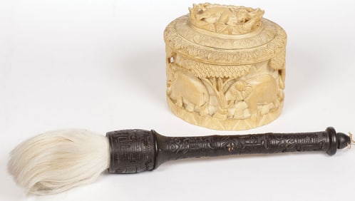 ORIENTAL CARVED ELEPHANT BOX & CALLIGRAPHY BRUSH