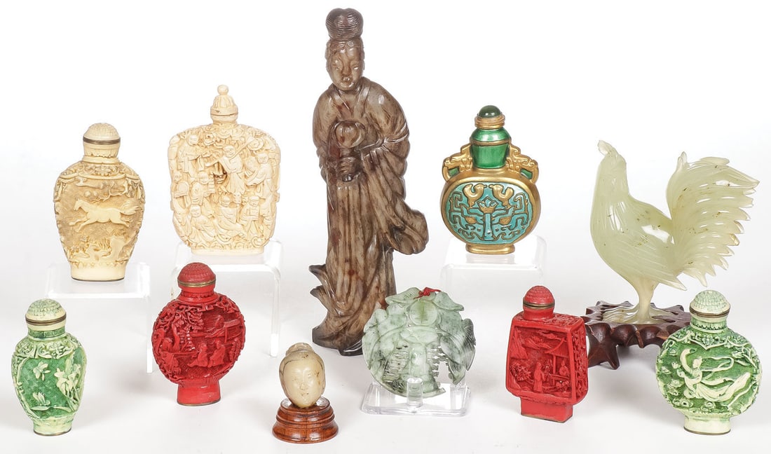 MIXED ASIAN SNUFF BOTTLE & CARVED STONE GROUP (1 of 4)