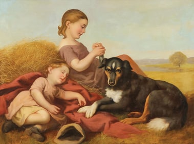 CHARMING BRITISH CHILDREN'S/ANIMAL PAINTING, 19TH C