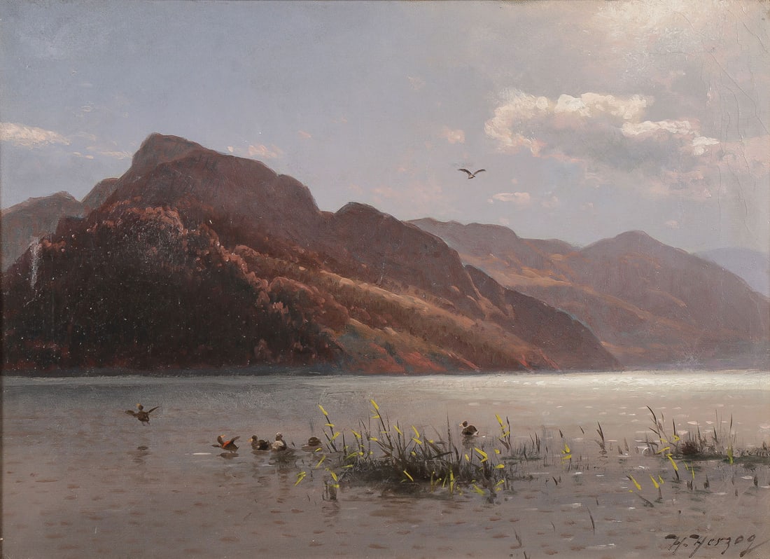 HERMANN HERZOG SIGNED PAINTING: HERMANN HERZOG (German-American 1832-1932)Lake Luzerne Switzerland Oil on canvasSigned lower right and stretcher inscribed with title “From the Lake of Luzerne Opposite of Brunnen Switzerland11 inc