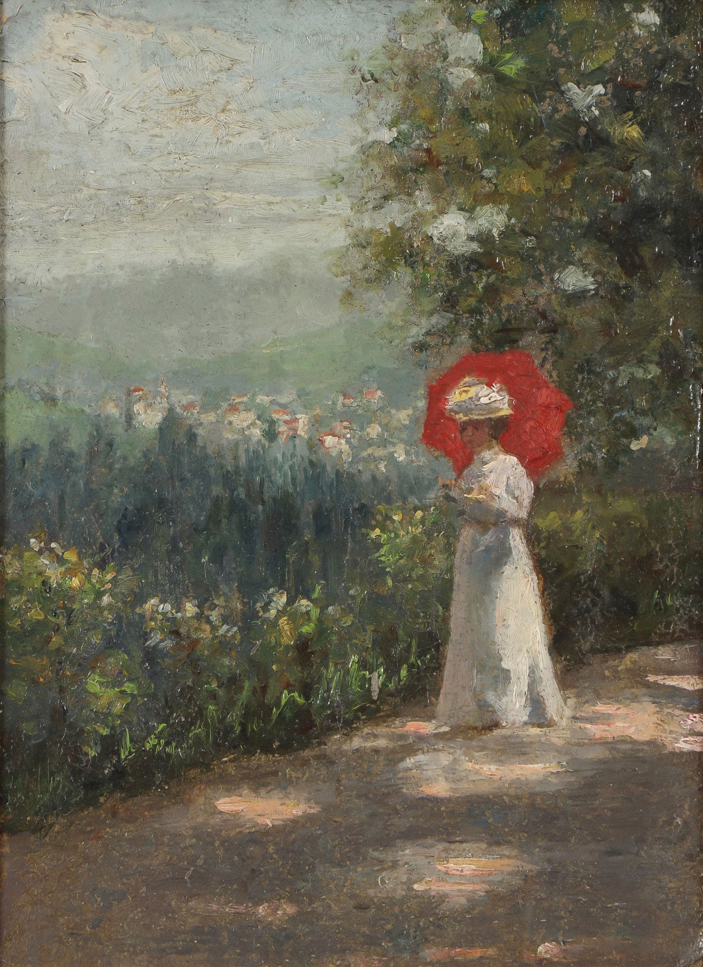 IMPRESSIONISTIC PAINTING, 19TH CENTURY: CONTINENTAL SCHOOL (19th Century)Woman with Red Parasol Oil on boardApparently unsigned10.75 inches x 8 inches (27.5 x 20cm), overall including frame 14.5 inches x 12 inchesSHIPP