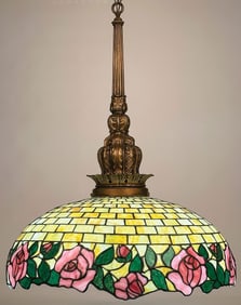 AMERICAN LEADED GLASS CHANDELIER LAMP C. 1910