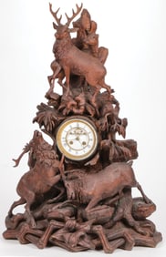 MONUMENTAL BLACK FOREST CARVED MANTEL CLOCK