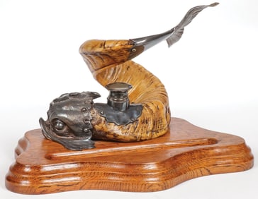 ENGLISH SILVER PLATE RAM HORN INKWELL, C. 1880