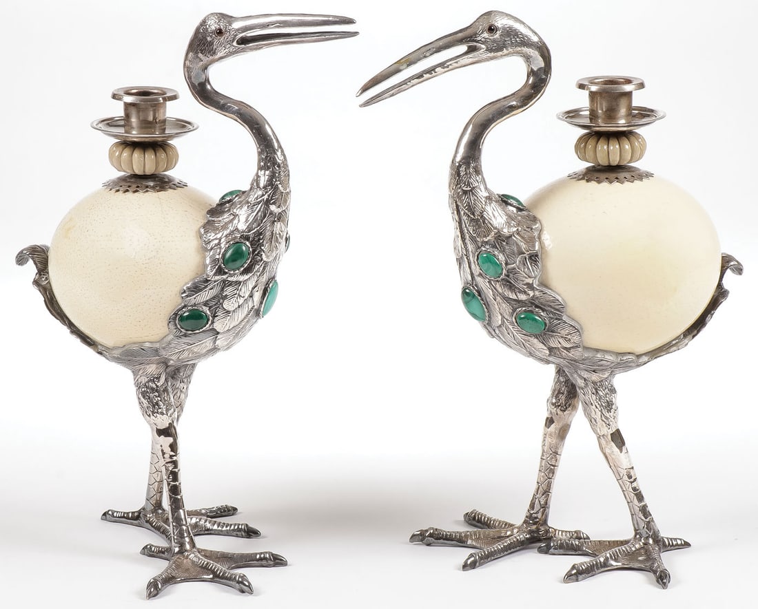 IMPRESSIVE FIGURAL OSTRICH EGG CANDLESTICKS (1 of 2)