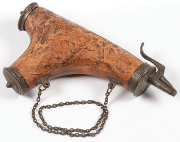 UNIQUE CARVED WOOD POWDER FLASK, 19TH C