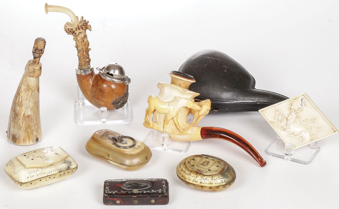 INTERESTING SNUFF & TOBACCO GROUP 18TH/19TH C: INTERESTING SNUFF & TOBACCO GROUP 18TH/19TH C. Comprising six related pieces including a German carved burled wood pipe with staghorn stem, a carved meerschaum pipe, the bowl banded with horses and wi