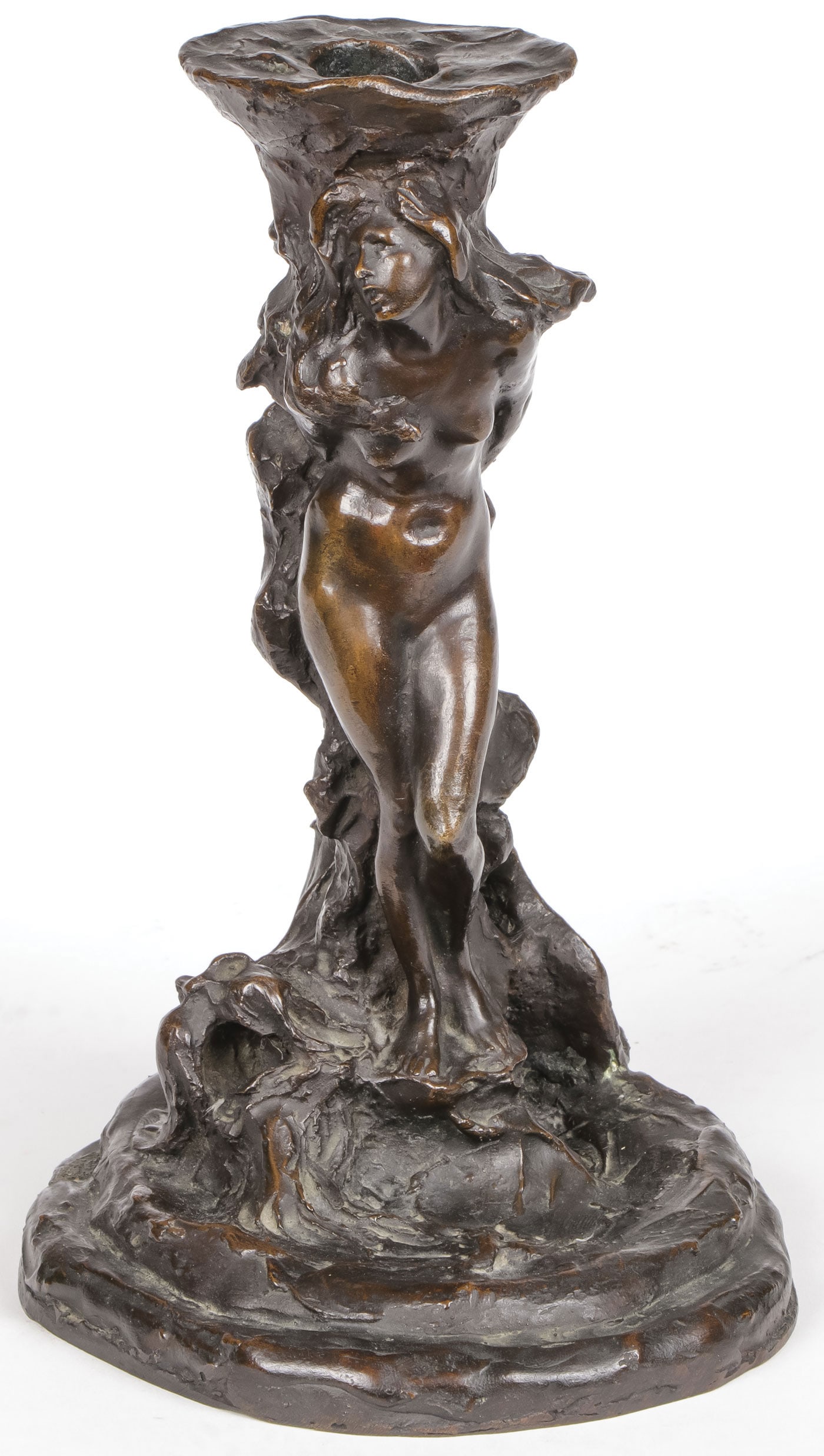 AMERICAN BRONZE BY RICHARD BROOKS, CIRCA 1890: AMERICAN BRONZE BY RICHARD BROOKS, CIRCA 1890. Comprising a finely modeled candlestick depicting a nude female on rocky outcrop surrounded by swirling water and a dolphin. Bronze with dark brown patin