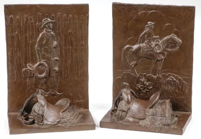 PAIR OF GREAT WESTERN BRONZE BOOKENDS SIGNED
