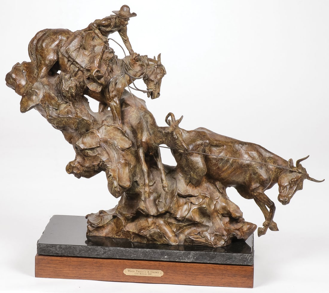 MONUMENTAL WESTERN BRONZE CURT MATTSON: CURT MATTSON When Three's a Crowd Bronze on integral marble and wood base with title plaque Signed, titled, and editioned AP/9 on base Height (including base) 20.5 inches, width 24 inches