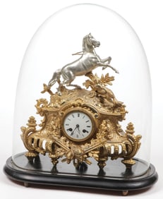 VICTORIAN GLASS DOMED GILT MANTLE CLOCK