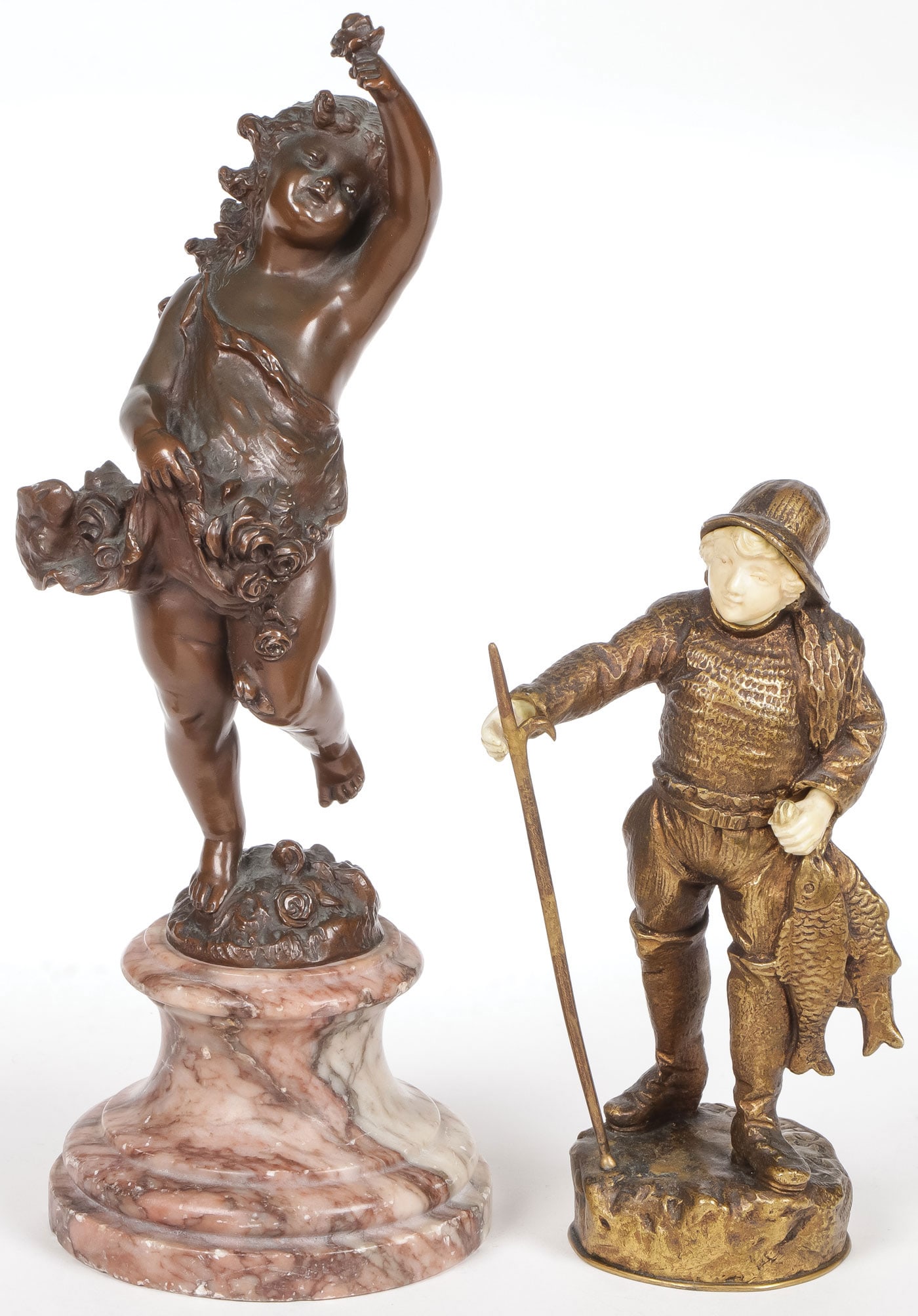 PAIR OF BRONZE FIGURES 19TH CENTURY: PAIR OF BRONZE FIGURES 19TH CENTURY. Comprising a patinated bronze figure of a young girl with apron full of roses, set on a marble socle base, base of bronze inscribed F J FFLAND. Together with a gil