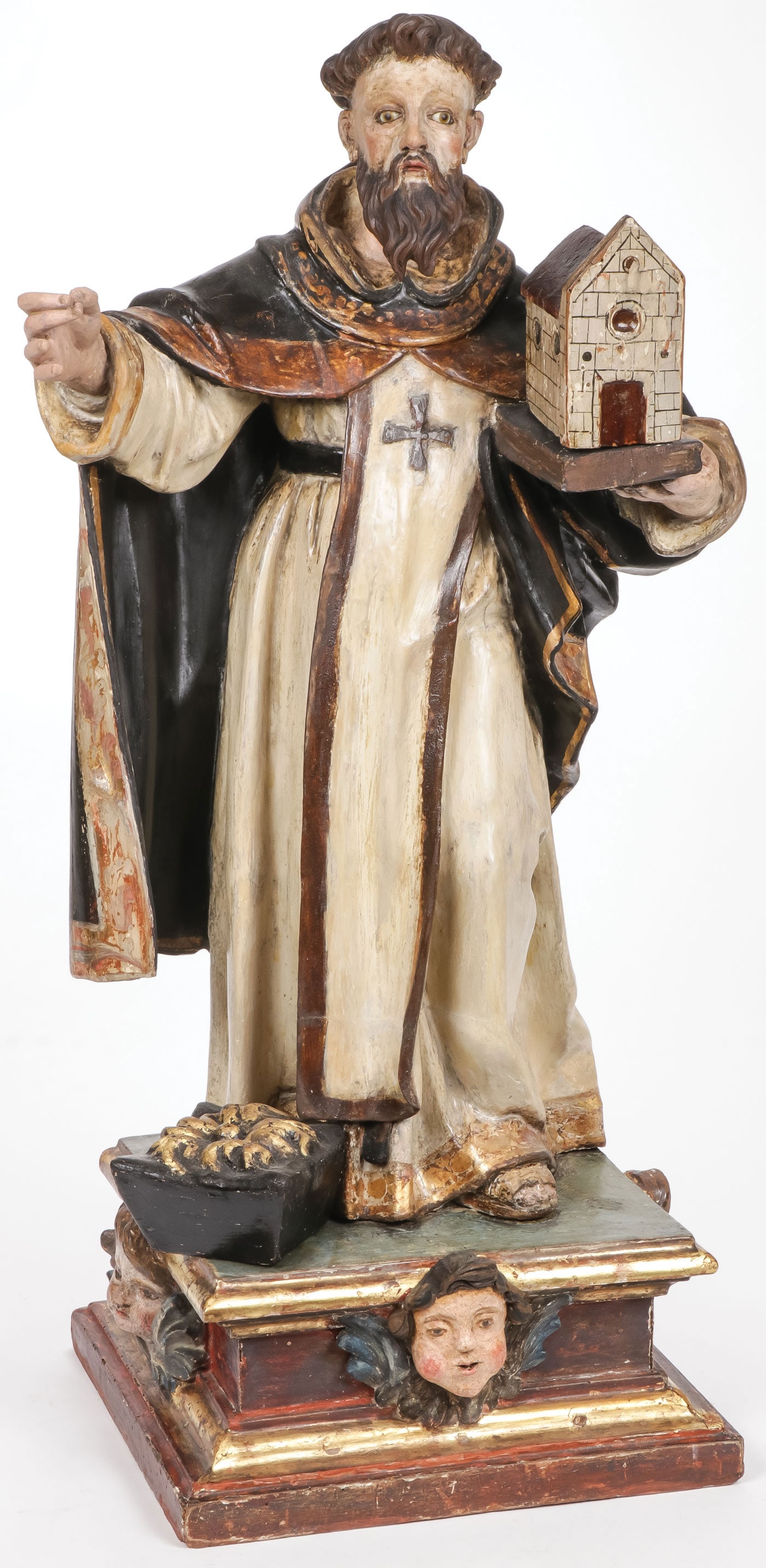 CARVED & GILT WOOD FIGURE OF A SAINT 18th C: CARVED & GILT WOOD FIGURE OF A SAINT 18th C. Comprising a large an impressive carved polychrome and gilt wood figure of a Dominican Friar holding a book of Gospels upon which rests a church, finely ca