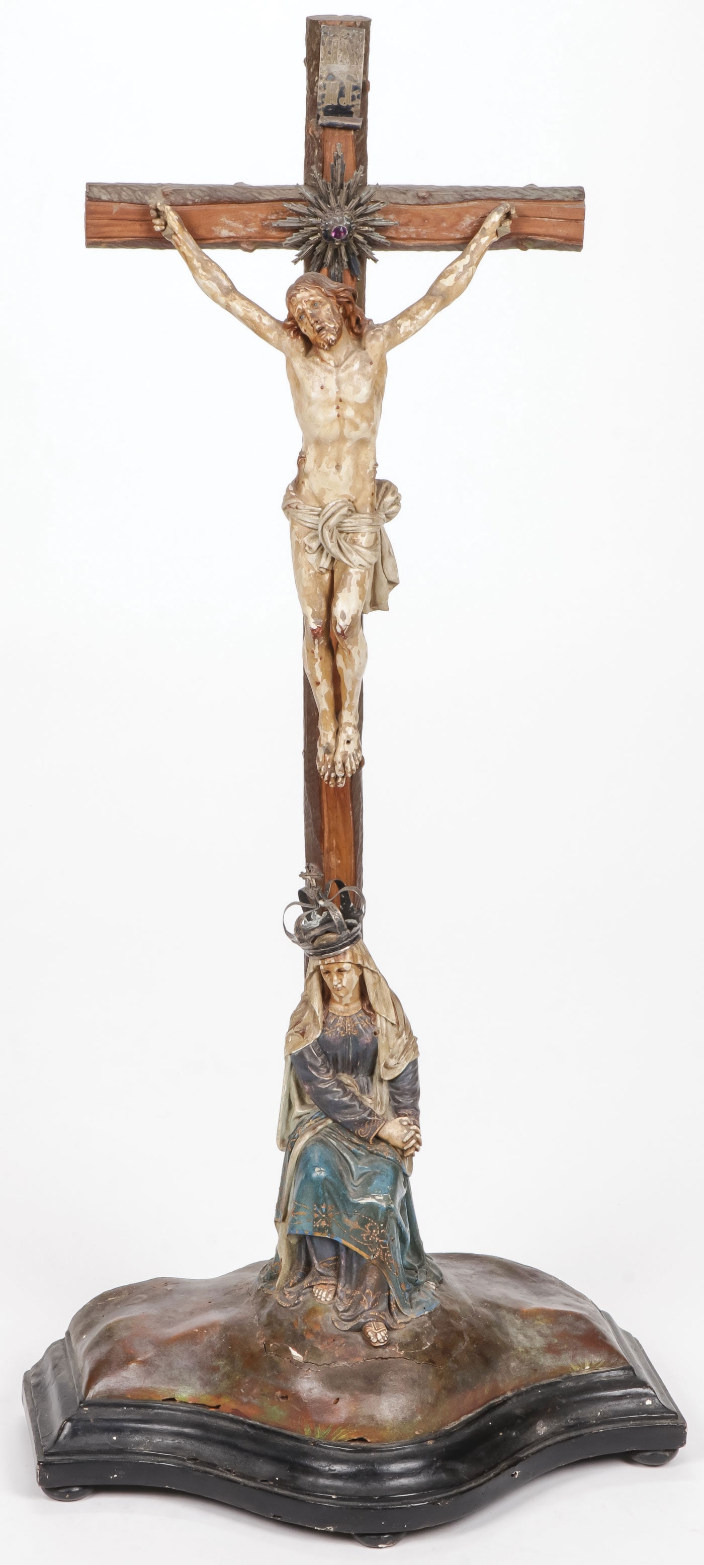 CARVED & POLYCHROME CRUCIFIXION GROUP 19th C: CARVED & POLYCHROME CRUCIFIXION GROUP 19th C. Comprising a large and impressive carved and polychrome Crucifixion group, likely for an altar, the figure of Christ finely carved with flowing hair, open
