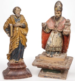 PAIR OF CARVED & POLYCHROME WOOD FIGURES 18TH C