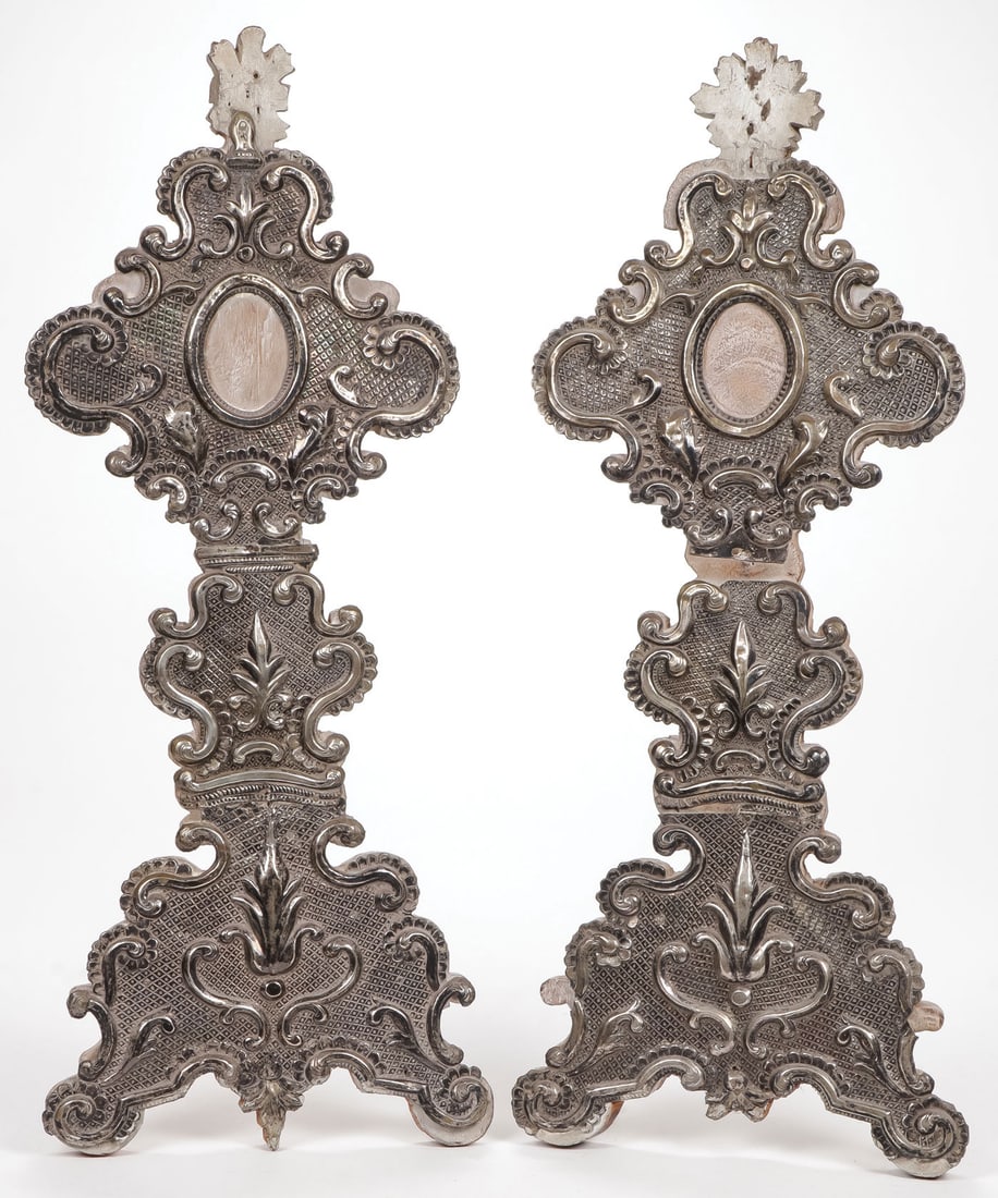 PAIR ITALIAN SILVERED METAL RELIQUARIES, 18th C (1 of 2)