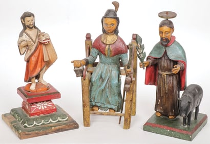 THREE CARVED POLYCHROME BULTOS