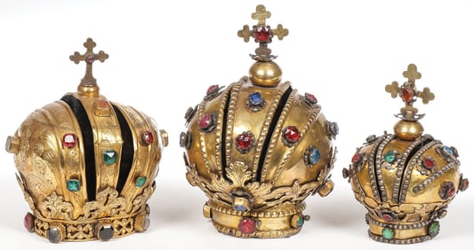 THREE ATTRACTIVE GILT COPPER MARIAN CROWNS, 19TH