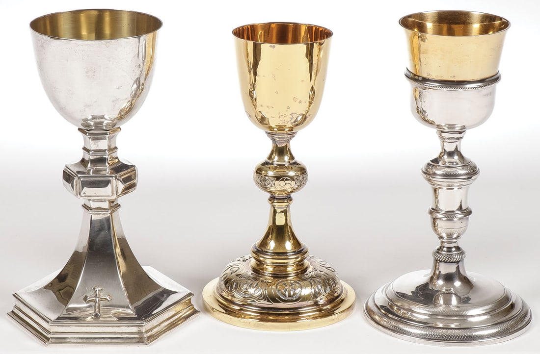 GROUP OF THREE CHALICES: GROUP OF THREE CHALICES. Comprising three chalices, the example on left with hexagonal base, marked Sterling and the underside with dedicatory inscription dated 1898-1923. The center example engraved