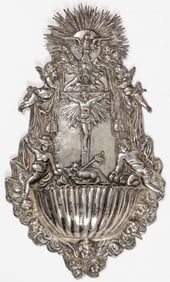 A GERMAN SILVER HOLY WATER FONT 19TH C