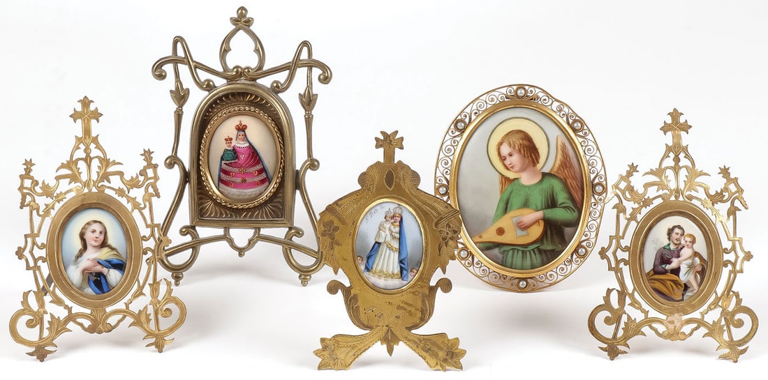 5 PAINTED PORCELAIN DEVOTION PLAQUES, C. 1890 (1 of 2)