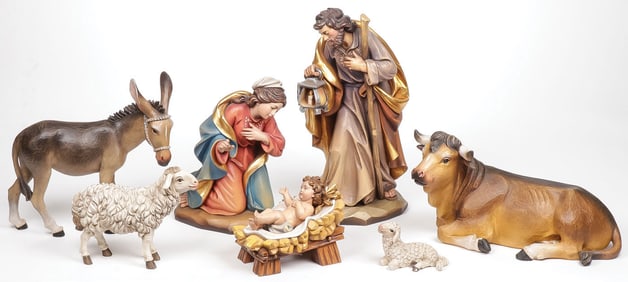 LARGE CARVED WOOD NATIVITY GROUP