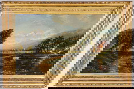 LARGE HUDSON RIVER SCHOOL PAINTING: Circle of EDMUND DARCH LEWIS (American 1835-1910)Expansive River Valley Landscape, probably New England -1880Oil on canvasBears signature lower left29.25 x 49.5 inches and contained in its likely orig