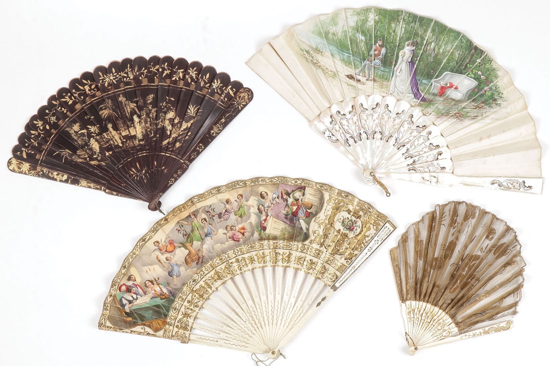 FOUR VICTORIAN FANS: FOUR VICTORIAN FANS. Comprising a group of four decorated Victorian period fans, including a Chinese gilt and lacquered bamboo fan, a hand painted fan with pierced carved Mother of Pearl sticks, the f