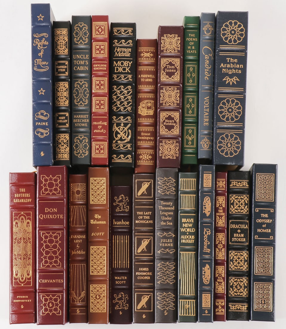 22 EASTON PRESS LEATHERBOUND CLASSICS: 22 EASTON PRESS LEATHERBOUND CLASSICS. Comprising 22 individual books with gilt embossed leather bindings, including various titles such as Moby Dick, Don Quixote, The Brothers Karamazov, The Odyssey