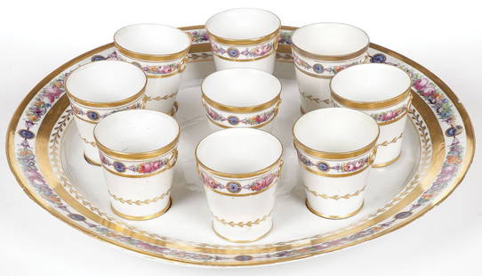 SCARCE RUSSIAN IMPERIAL PORCELAIN TRAY & CUPS: SCARCE RUSSIAN IMPERIAL PORCELAIN TRAY & CUPS, PERIOD OF ALEXANDER I. Comprising a ten-piece matching set from the Dowry Service of Ekaterina Pavlovna, Imperial Porcelain Factory, St. Petersburg, peri