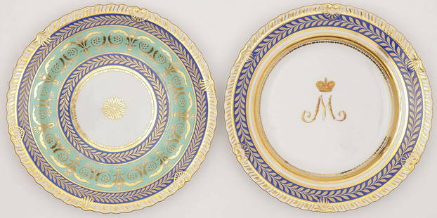 PAIR RUSSIAN IMPERIAL PORCELAIN PLATES: PAIR RUSSIAN IMPERIAL PORCELAIN PLATES, GOLDEN SERVICE. Imperial Porcelain Factory, St. Petersburg, period of Alexander I and Nicholas I. Comprising two plates from the Golden Service, one with the cr