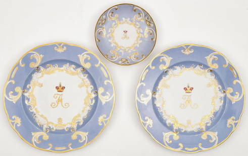RUSSIAN IMPERIAL PORCELAIN SERVICE PIECES: RUSSIAN IMPERIAL PORCELAIN SERVICE PIECES. Comprising two dinner plates from the Farm Palace Banquet Service, Imperial Porcelain Factory, period of Nicholas I. The underside of each with blue undergla
