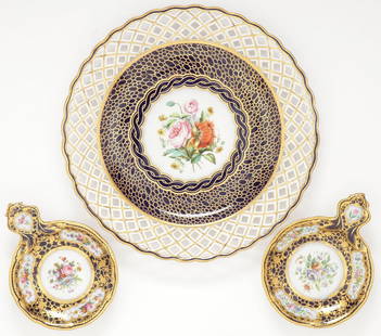 RUSSIAN IMPERIAL PORCELAIN, COBALT SERVICE: RUSSIAN IMPERIAL PORCELAIN, COBALT SERVICE. Comprising three pieces from the Cobalt Service. Imperial Porcelain Factory, St. Petersburg. Including a plate with pierced rim, the cavetto painted with fl