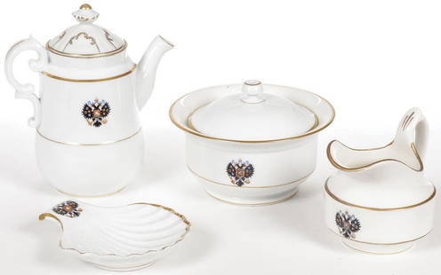 IMPERIAL RUSSIAN CORONATION SERVICE PORCELAIN: 4 PCS IMPERIAL RUSSIAN CORONATION SERVICE PORCELAIN. Comprising four individual pieces from the Coronation Service of Alexander III, Imperial Porcelain Factory, St. Petersburg. Including a covered tea