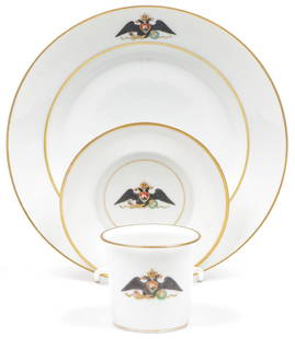 RUSSIAN IMPERIAL PORCELAIN PLATE SETTING: RUSSIAN IMPERIAL PORCELAIN PLATE SETTING. Comprising a three-piece plate setting from the Gatchina Service. Imperial Porcelain Factory, St. Petersburg, period of Alexander III and Nicholas II. Includi