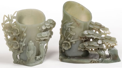 PAIR OF CHINESE CARVED JADE BRUSH POTS, QING