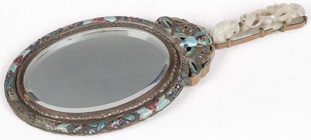 CHINESE JADE & ENAMEL HAND MIRROR